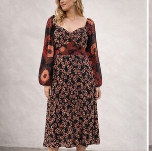 ASOS Floral Midi Dress Size 12 Black Red Long Sleeve Boho Fall Dress